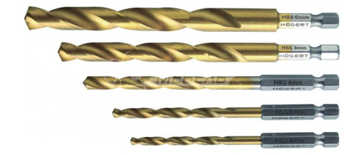 Набор сверл  по металлу с шестигранным хвостовиком 1/4'', набор 4, 5, 6, 8, 10 мм, сталь HSS