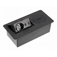 Удлинитель врезной AVARO PLUS, 1 гнездо schuko, USB A + C, индук. зарядка 5 Вт, кабель 1,5 м, черный